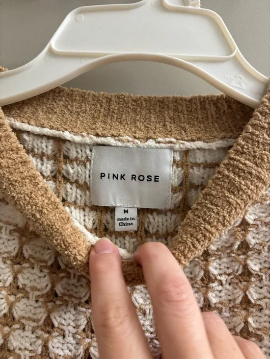 Pink Rose Cream and Tan Waffle-Knit Crewneck Sweater - Picture 3 of 3